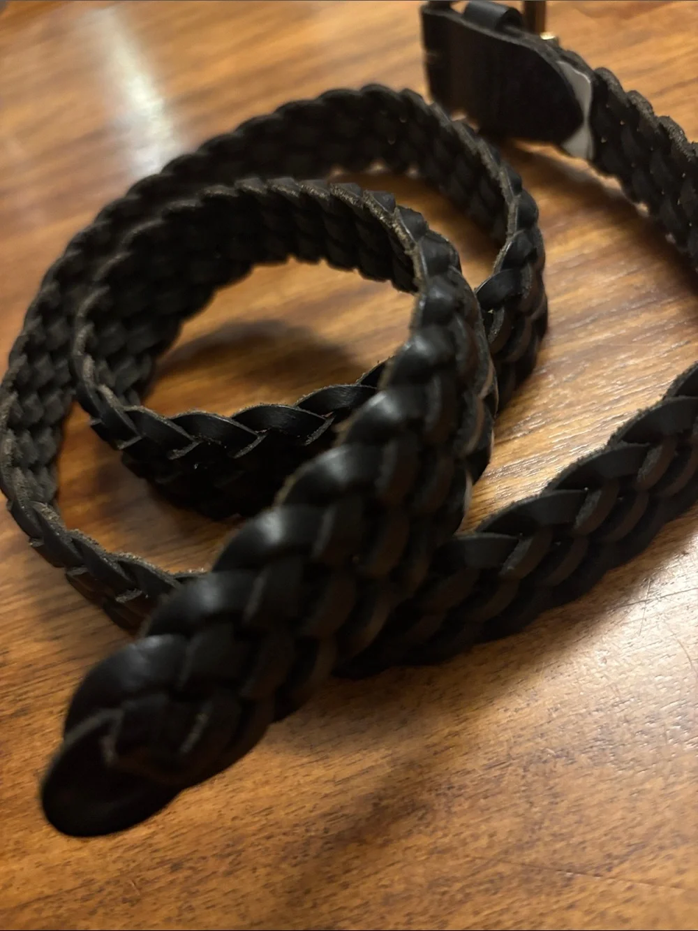 Black Braided woven 100% Leather Belt with Brass-Tone Buckle - 30-32w